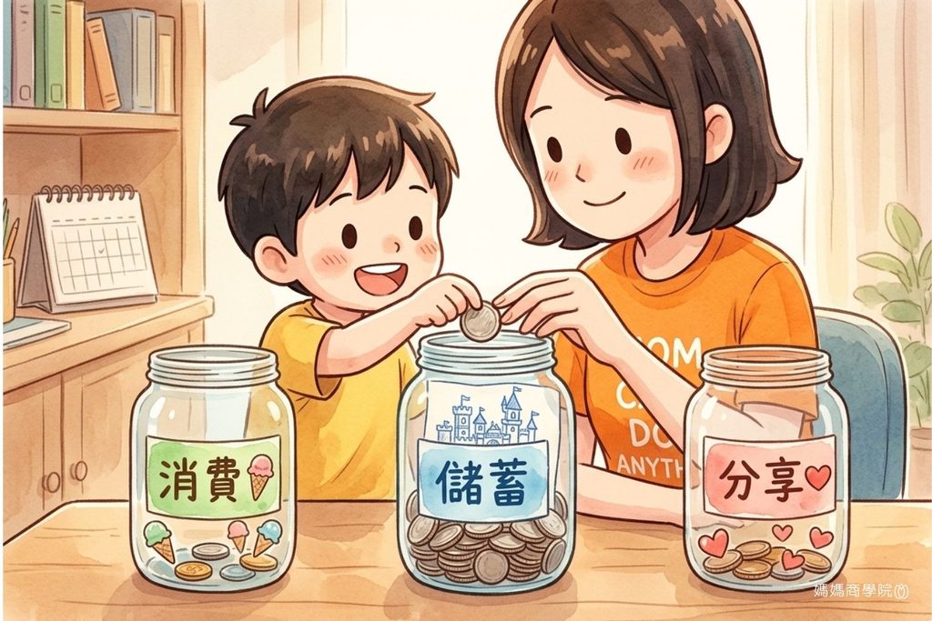    媽媽和孩子一起把零用錢分別放進消費、儲蓄、分享三個透明罐子，三罐子理財法示意圖