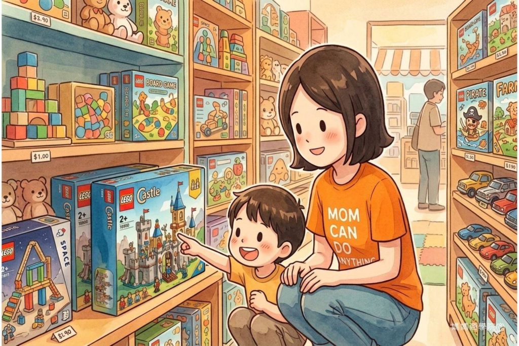 媽媽陪孩子在玩具店挑選玩具,孩子開心地指著想要的積木,一起練習零用錢怎麼花